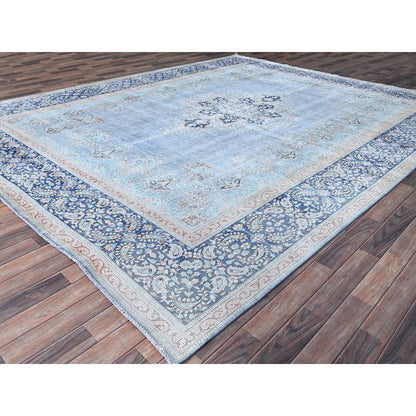 10'X12'9" Blue Worn Down Shiny Wool Cropped Thin Cleaned Oriental Rug