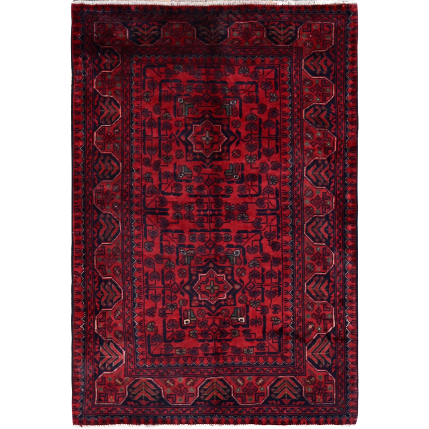 2'8"X4' Red Afghan Khamyab Tribal Design Soft Wool Hand Knotted Sample Rug