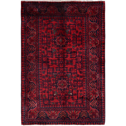 2'8"X4' Red Afghan Khamyab Tribal Design Soft Wool Hand Knotted Sample Rug