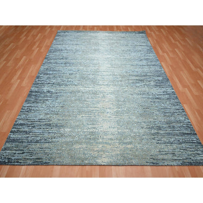 8'X10'1" Blue Horizontal Ombre Design Wool And Pure Silk Hand Knotted Rug