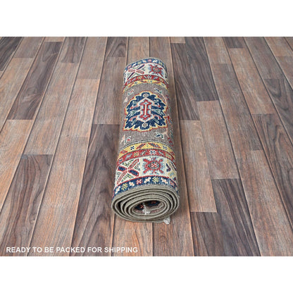 2'X6'5" Gray Kazak With Tribal Design Soft Wool Hand Knotted Runner Rug
