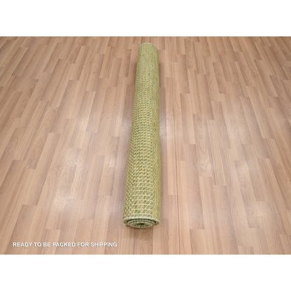 4'X6'1" Amber Green Wool And Silk Modern Grass Design Hand Knotted Rug