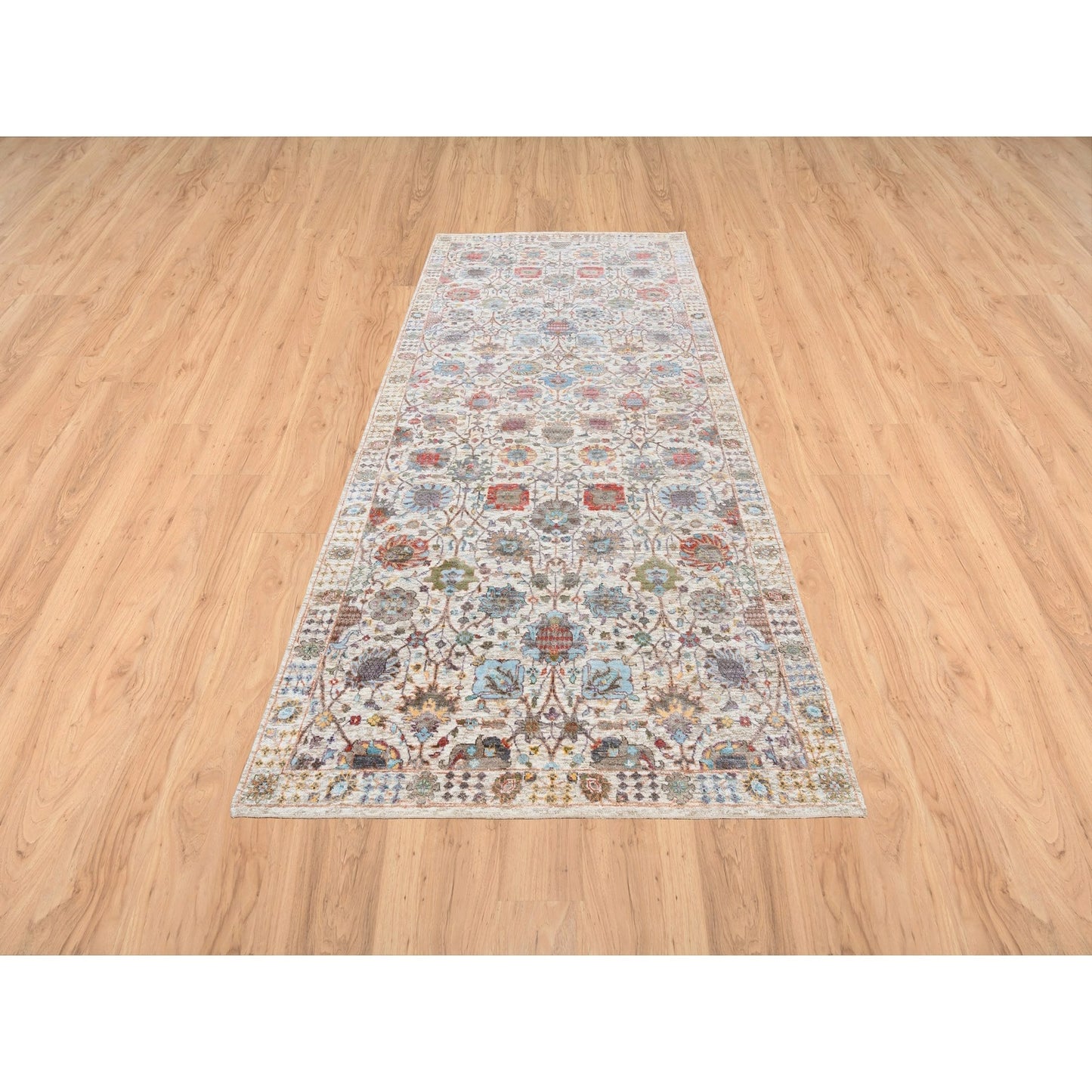 4'1"X10'3" Ivory Tebraz Silk With Textured Wool Hand Knotted Runner Rug