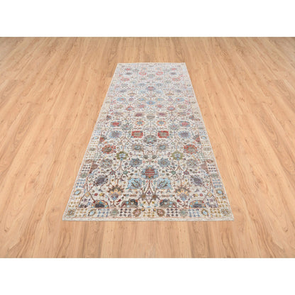 4'1"X10'3" Ivory Tebraz Silk With Textured Wool Hand Knotted Runner Rug
