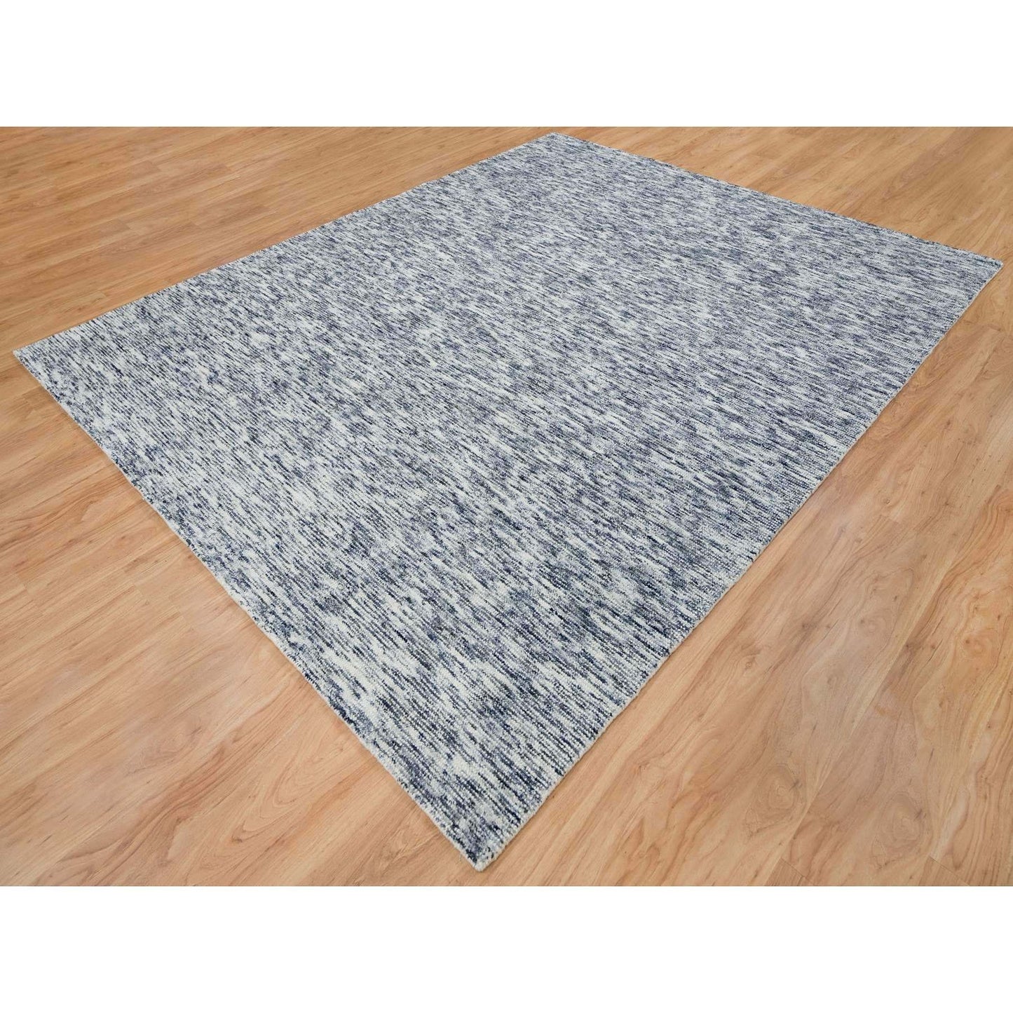 8'2"X10' Blue Pure Wool Hand Loomed Modern Striae Design Oriental Rug