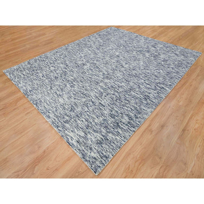 8'2"X10' Blue Pure Wool Hand Loomed Modern Striae Design Oriental Rug