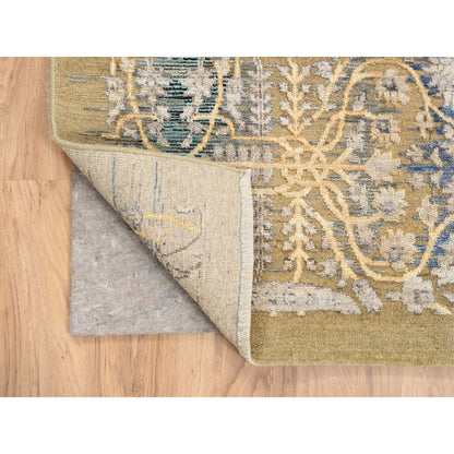 4'X12' Gold Brown Silk With Textured Wool Hand Knotted Wide Runner Rug