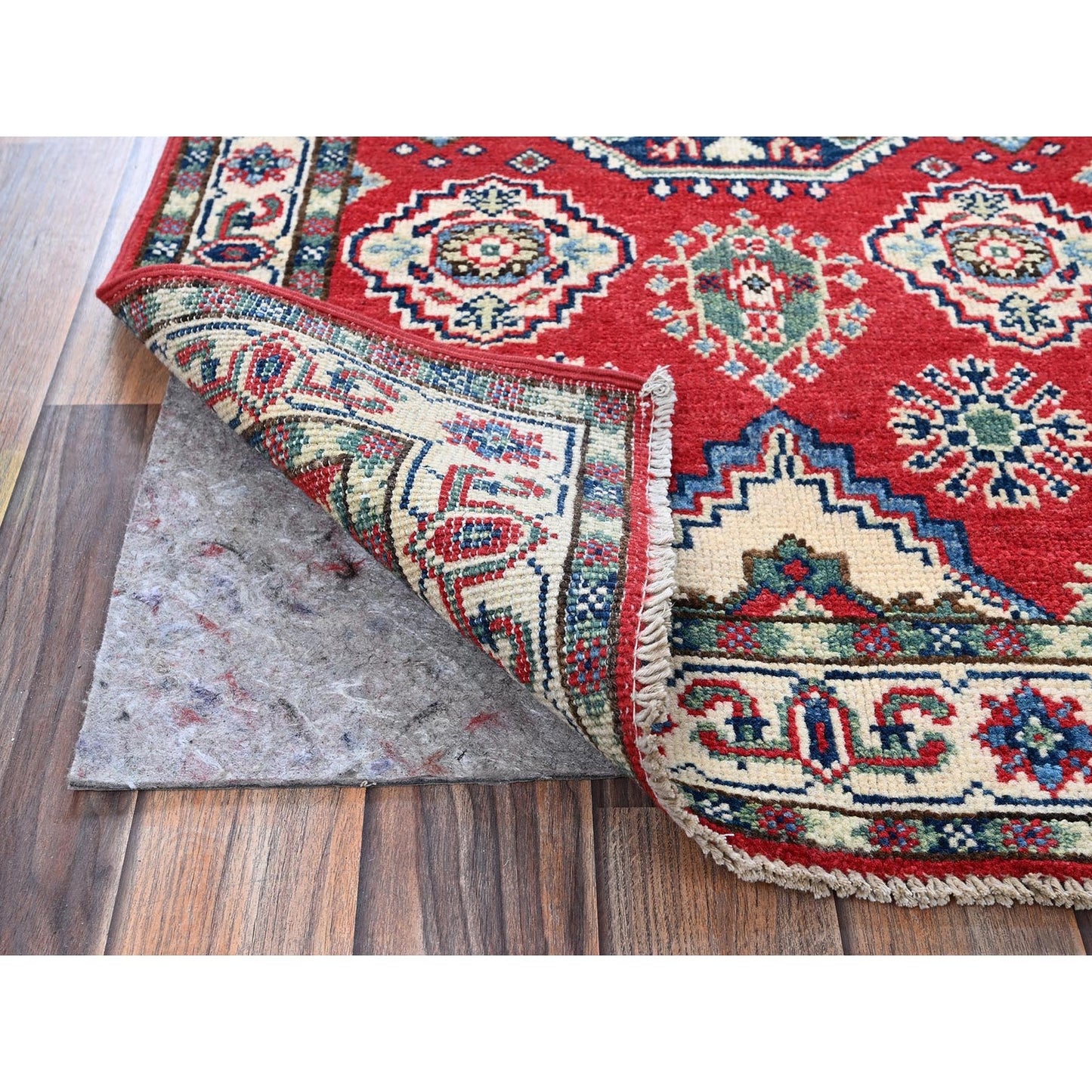 2'6"X4' Berry Red Kazak With Tribal Motifs Hand Knotted Soft Wool Mat Rug