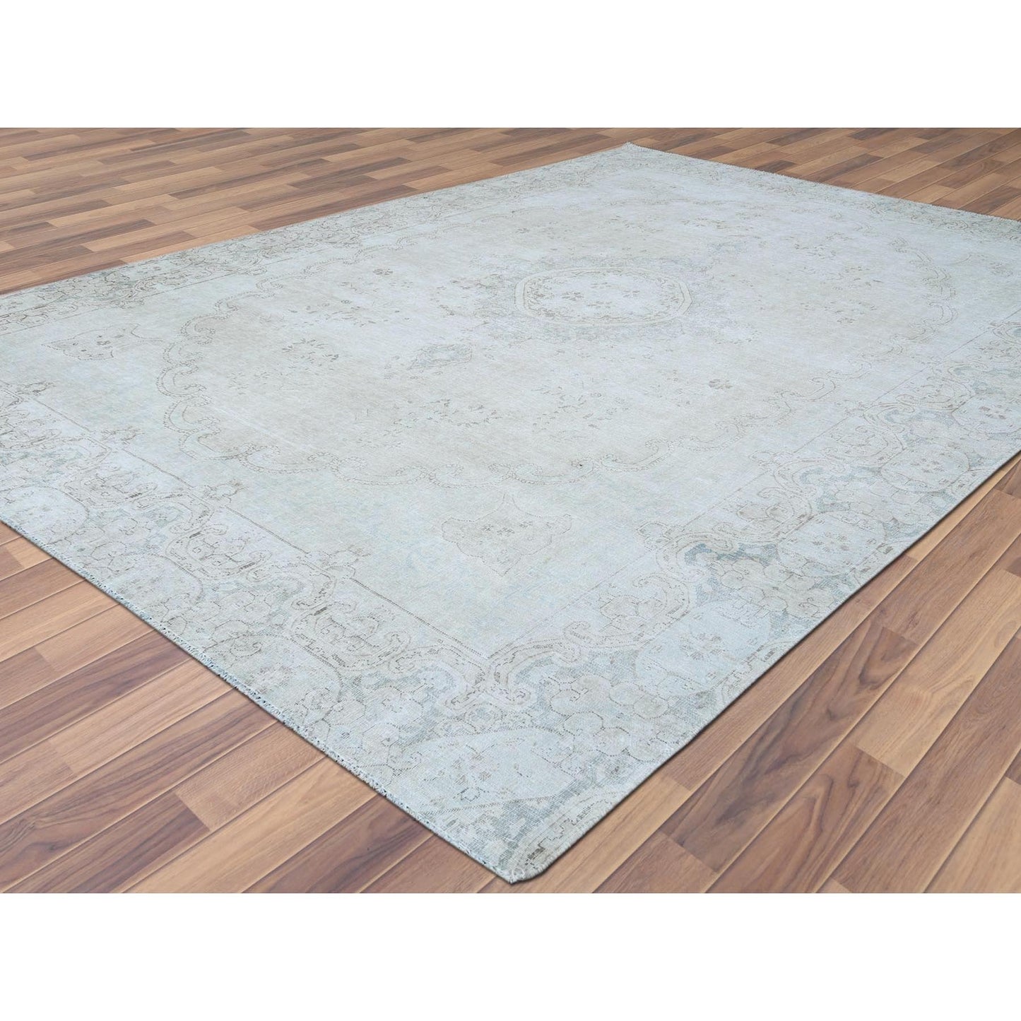 8'8"X12' Hand Knotted Ivory Vintage Farsian Karman Worn Wool Rug