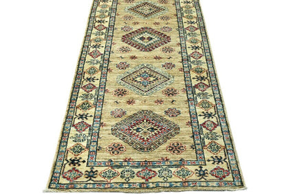 3X10 ft Beige Tribal Geometric Kazak Runner Wool