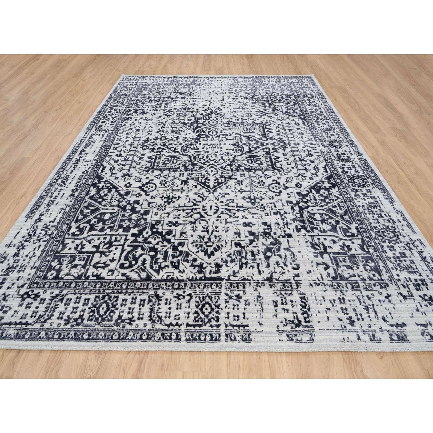 9'X11'10" Black Serapi Heris Design Wool And Silk Hand Loomed Rug