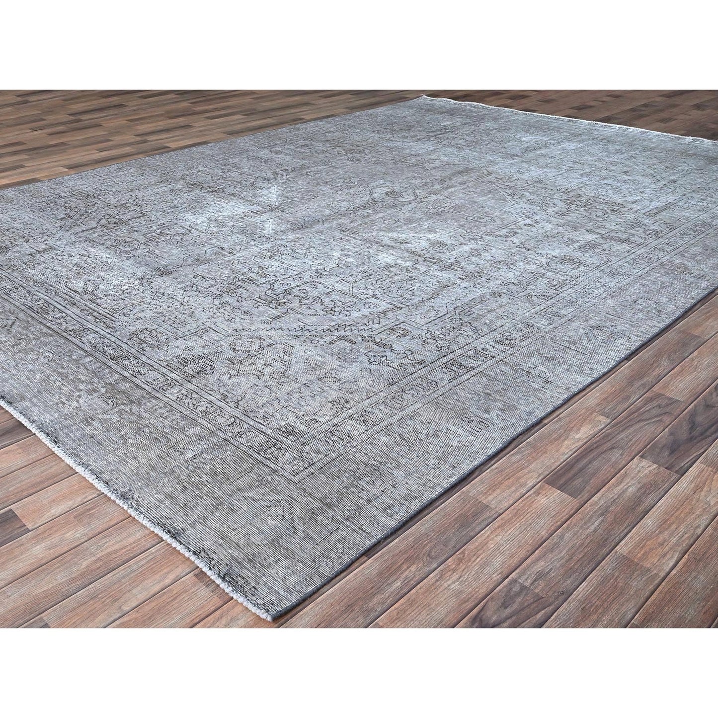 8'10"X12'4" Frost Gray Wool Sheared Low Vintage Hand Knotted Tebraz Rug