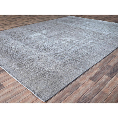 8'10"X12'4" Frost Gray Wool Sheared Low Vintage Hand Knotted Tebraz Rug