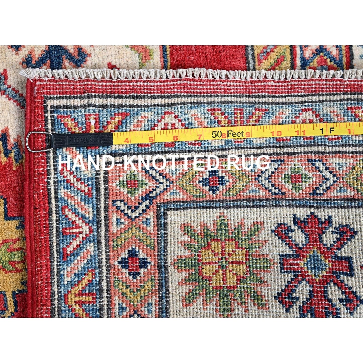 4'10"X7' Red Kazak With Geometric Medallions Design Hand Knotted Wool Rug