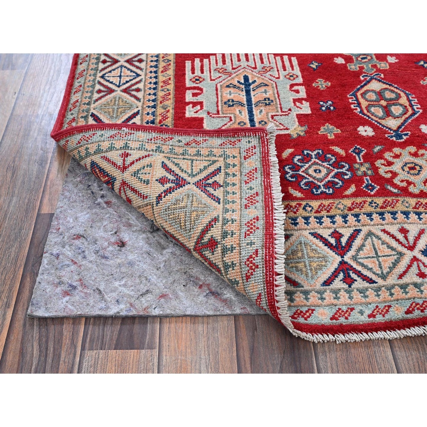 3'10"X5'10" Arsenal Red Kazak With Tribal Motifs Hand Knotted Soft Wool Rug