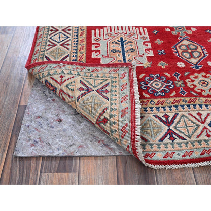 3'10"X5'10" Arsenal Red Kazak With Tribal Motifs Hand Knotted Soft Wool Rug