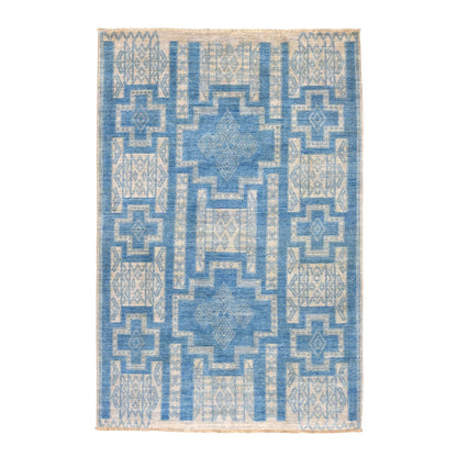 6'X8'9" Blue Hand Knotted Pure Wool Peshawar With Berber Motifs Rug