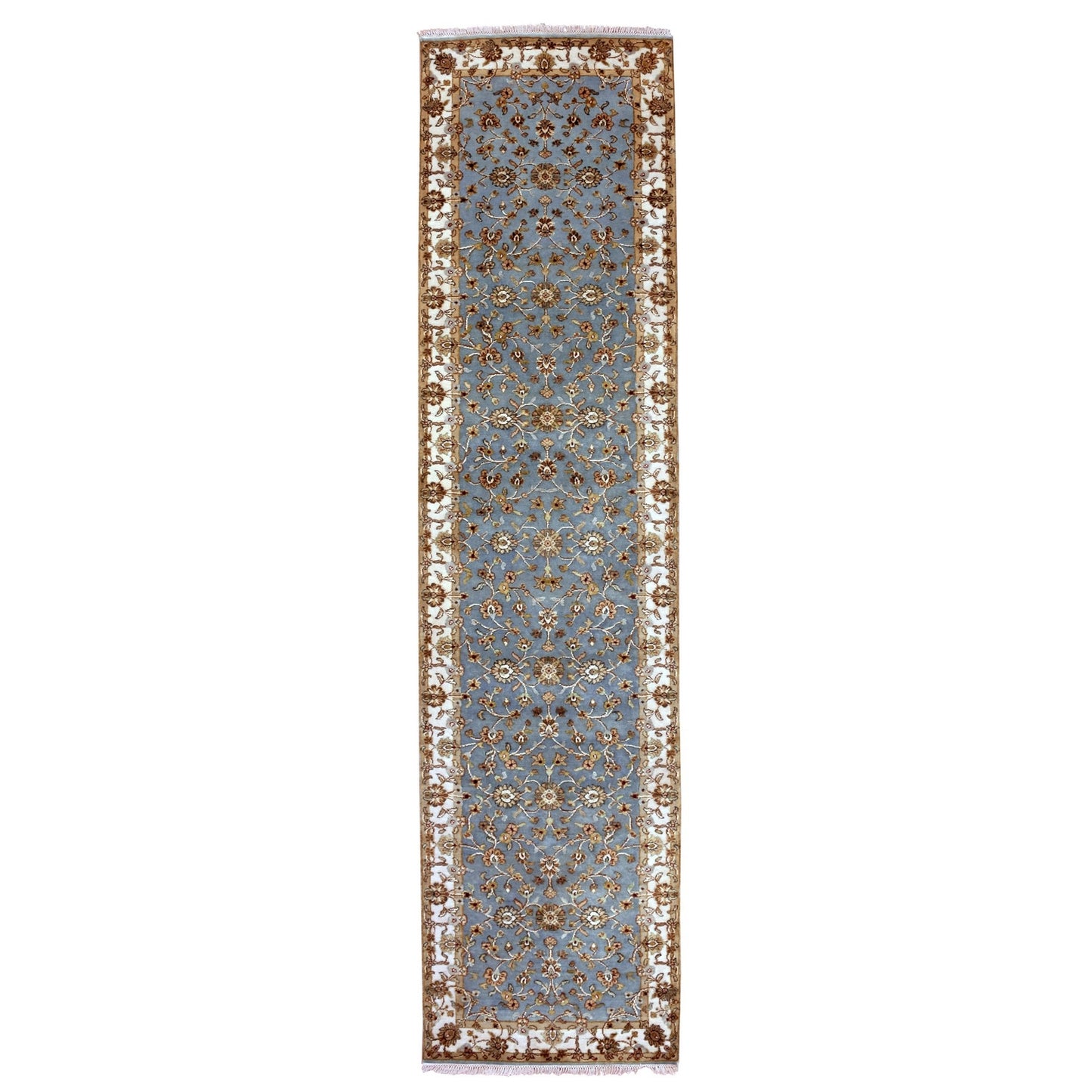 3'X12'2" Blue Hand Knotted Rajasthan Leaf Design Wool And Silk Runner Rug