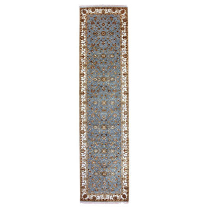 3'X12'2" Blue Hand Knotted Rajasthan Leaf Design Wool And Silk Runner Rug