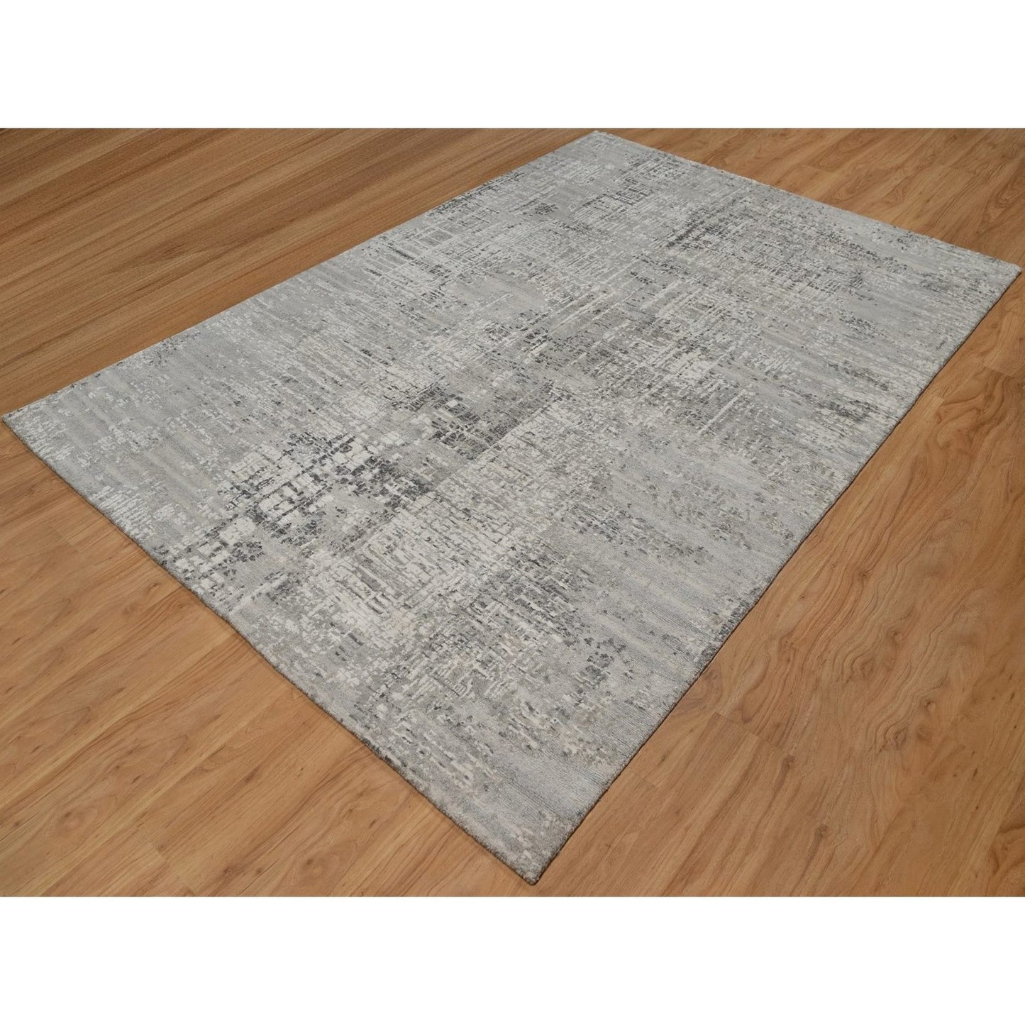 6'1"X9' Gray Modern Erased Design Undyed Natural Wool Hand Knotted Rug