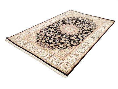 5X8 Indo-Nain Black Oriental Rug Floral Style Wool Carpet Home Decor