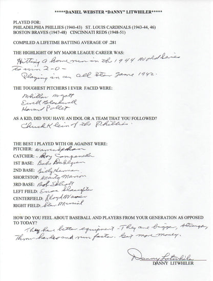 Daniel Litwhiler Autographed Hand Filled Out Survey Page (Jsa)