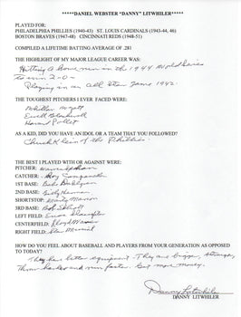Daniel Litwhiler Autographed Hand Filled Out Survey Page (Jsa)