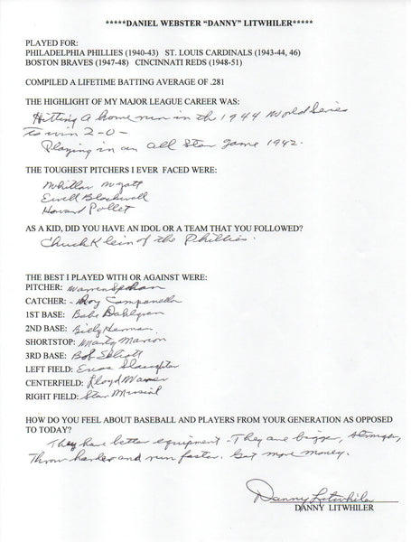 Daniel Litwhiler Autographed Hand Filled Out Survey Page (Jsa)
