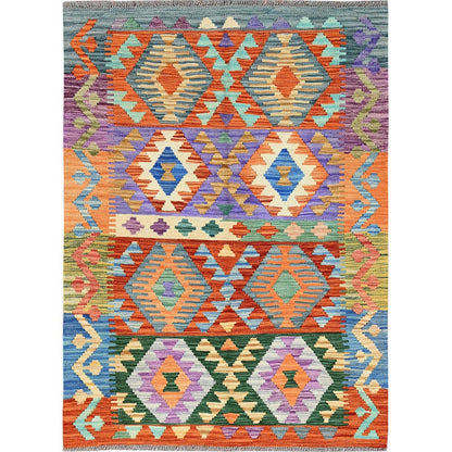3'7"X5' Orange Flat Weave Afghan Kilim Pure Wool Hand Woven Reversible Rug