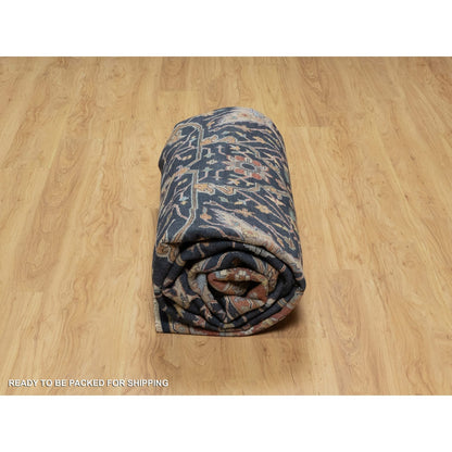 9'X12'2" Midnight Blue Antiqued Heris Re-Creation Hand Knotted Wool Rug