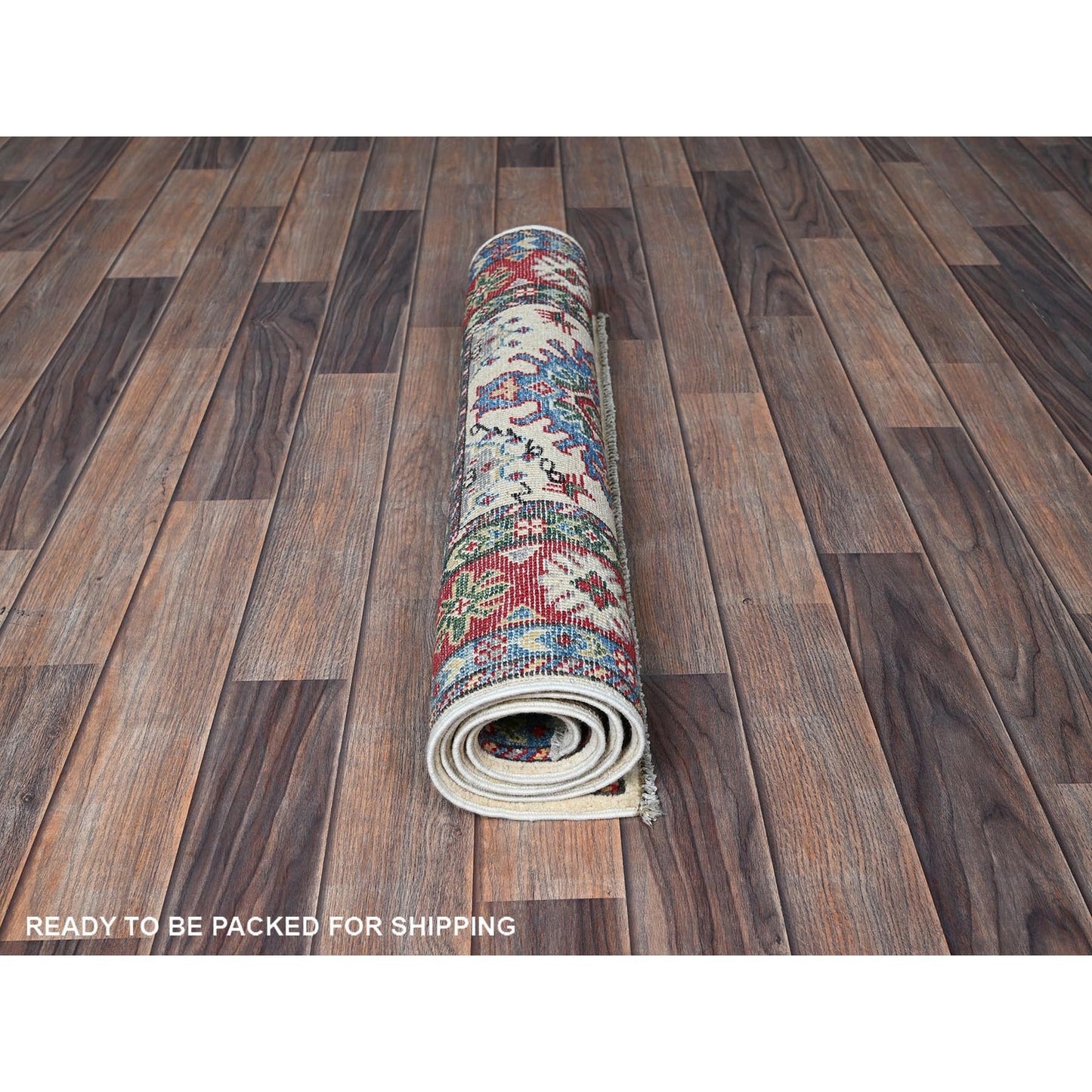 2'6"X4'1" Ivory Kazak Geometric Design Hand Knotted Soft Wool Mat Rug