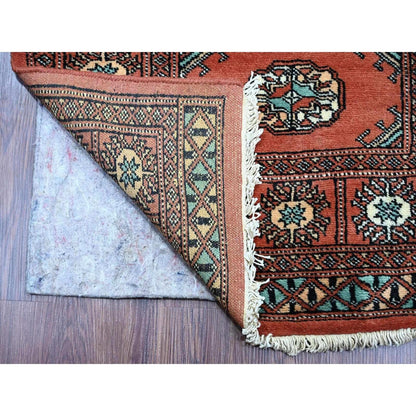 2'6"X19'7" Red Hand Knotted Mori Bokara Geometric Design Wool Runner Rug