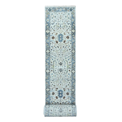 2'5"X30'4" Gray 100% Wool Hand Knotted Oushak Floral Design Xl Runner Rug