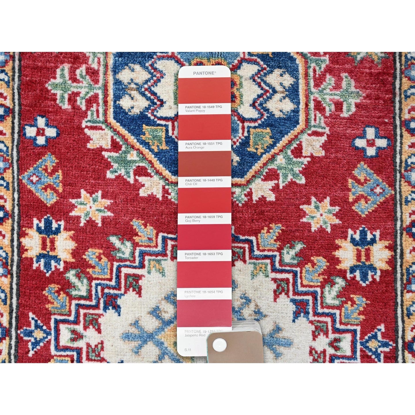 2'9"X6'4" Red Kazak With Medallion Design Hand Knotted Soft Wool Runner Rug