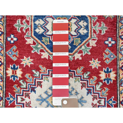 2'9"X6'4" Red Kazak With Medallion Design Hand Knotted Soft Wool Runner Rug