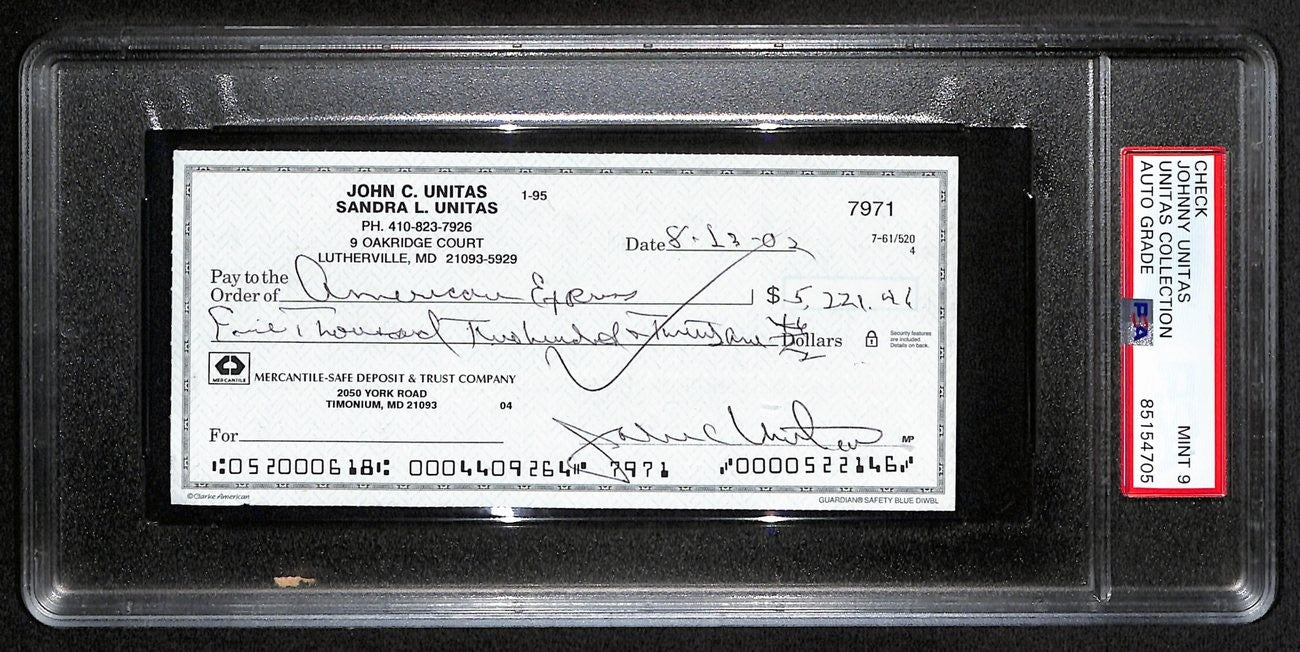 Johnny Unitas Signed 8/13/02 Check Psa/Dna Mint 9