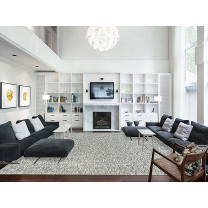 12'2"X15' Beige Modern Striae Design Pure Wool Hand Loomed Oversized Rug