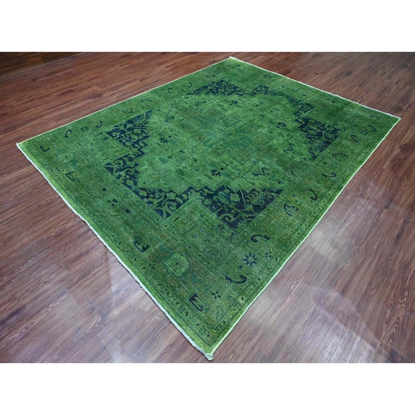 7'9"X9'8" Hunter Green Overdyed Heris Design Hand Knotted 100% Wool Rug