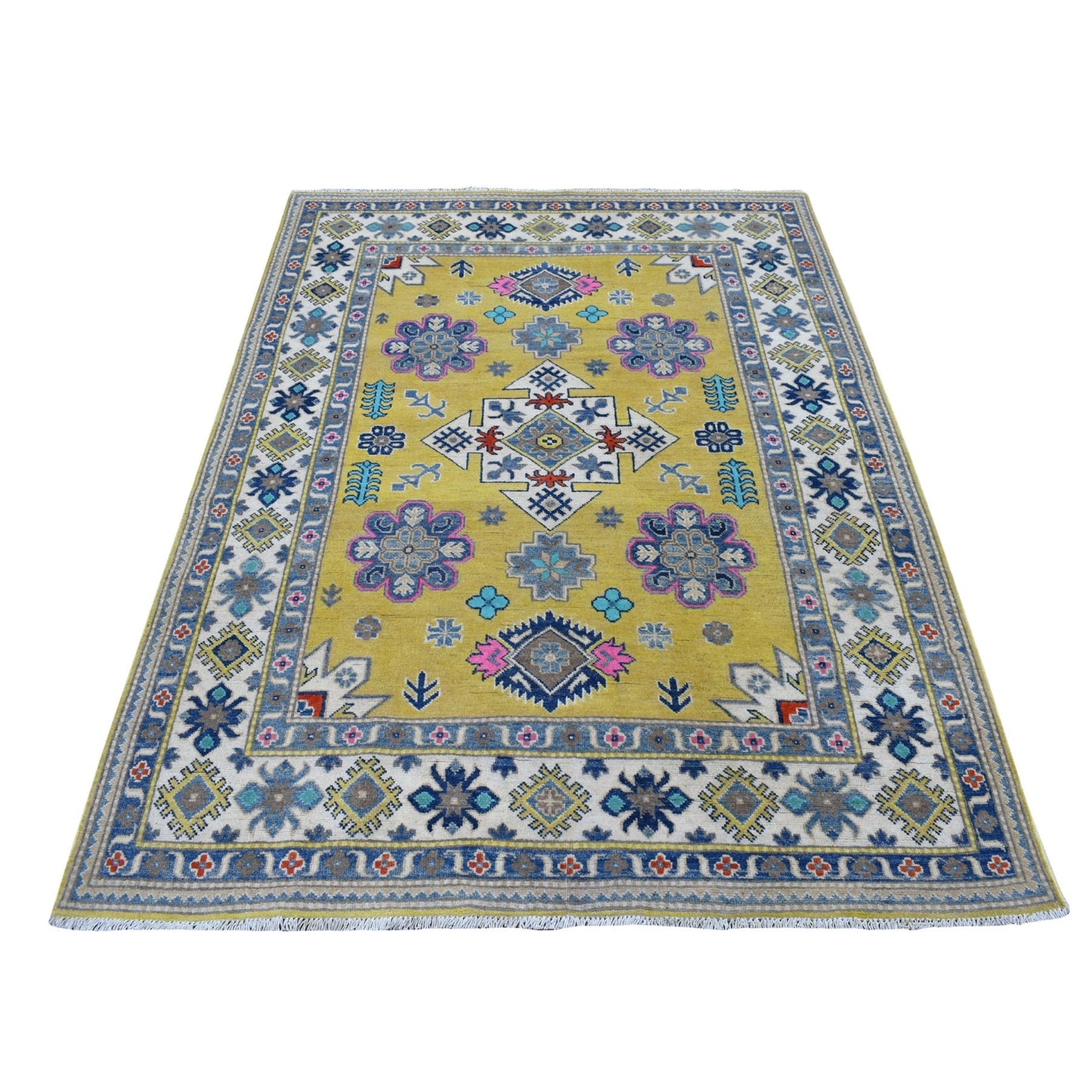 4'10"X6'6" Yellow Fusion Kazak Pure Wool Hand Knotted Oriental Rug
