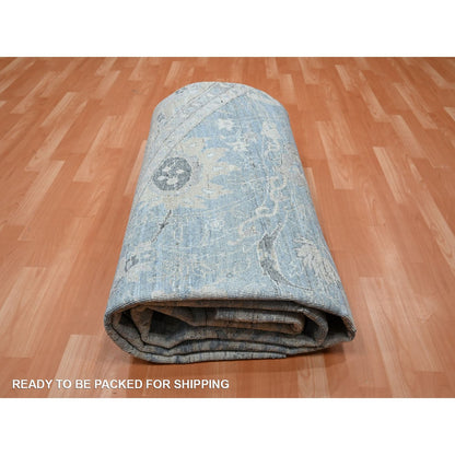 Blue Sickle Leaf Design Hand Knotted Wool Round Rug