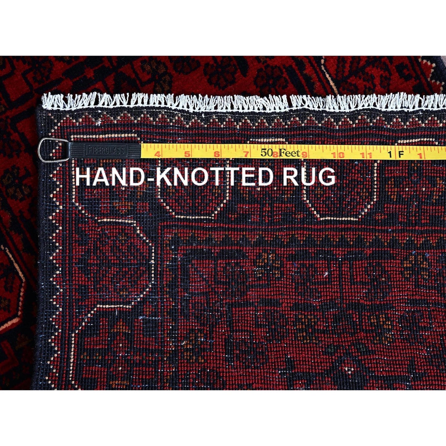 1'8"X4'9" Red Afghan Khamyab Geometric Pattern Hand Knotted Wool Runner Rug