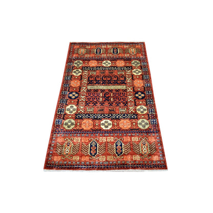 3'1"X5'1" Red, Afghan Ersari, Animal Figurines Soft Wool Hand Knotted Rug