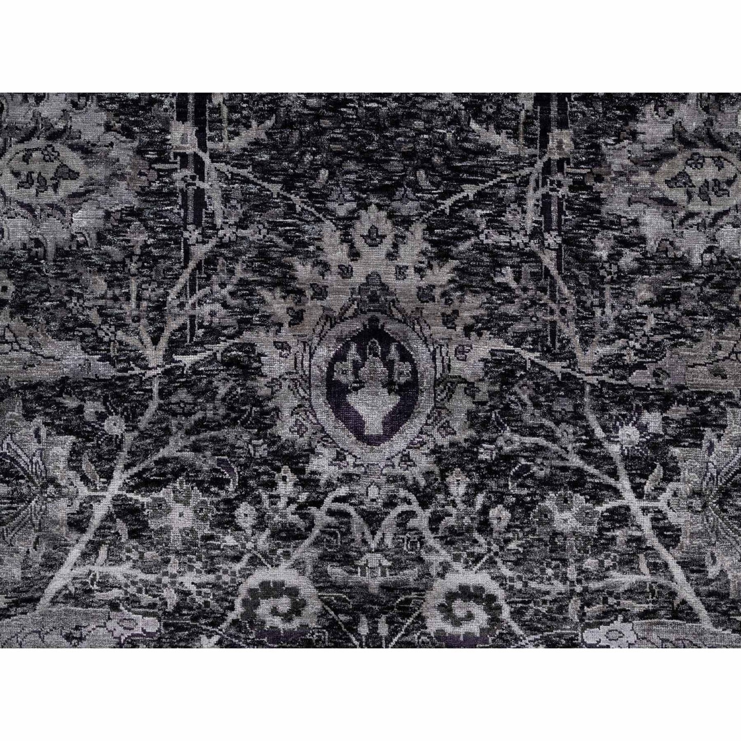 8'1"X10' Black Lush And Plush Hand Knotted Leaf Design Wool And Silk Rug