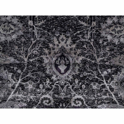 8'1"X10' Black Lush And Plush Hand Knotted Leaf Design Wool And Silk Rug