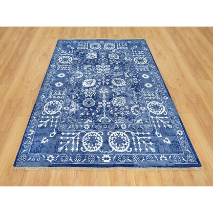 Rug 5'1"x6'10" Revel Blue Hand Knotted Tebraz Leaf Design Wool and Silk