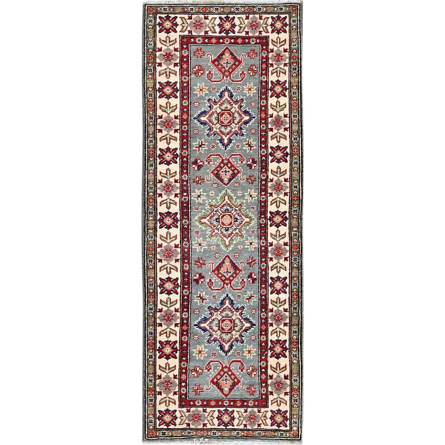 2'2"X6' Misty Gray Kazak Medallions Design Wool Hand Knotted Runner Rug