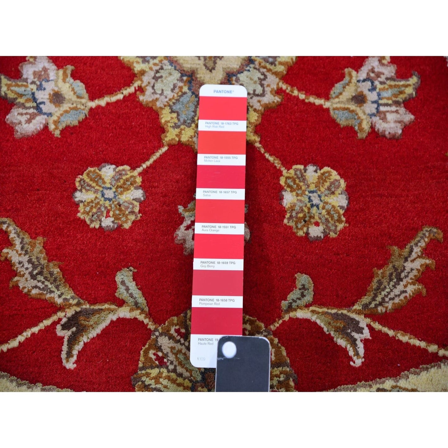 6'X6' Red Rajasthan All Over Pattern Hand Knotted Wool Silk Round Rug