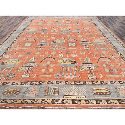 12'1"X14'6" Orange Khotan And Samarkand Design Hand Knotted Soft Wool Rug