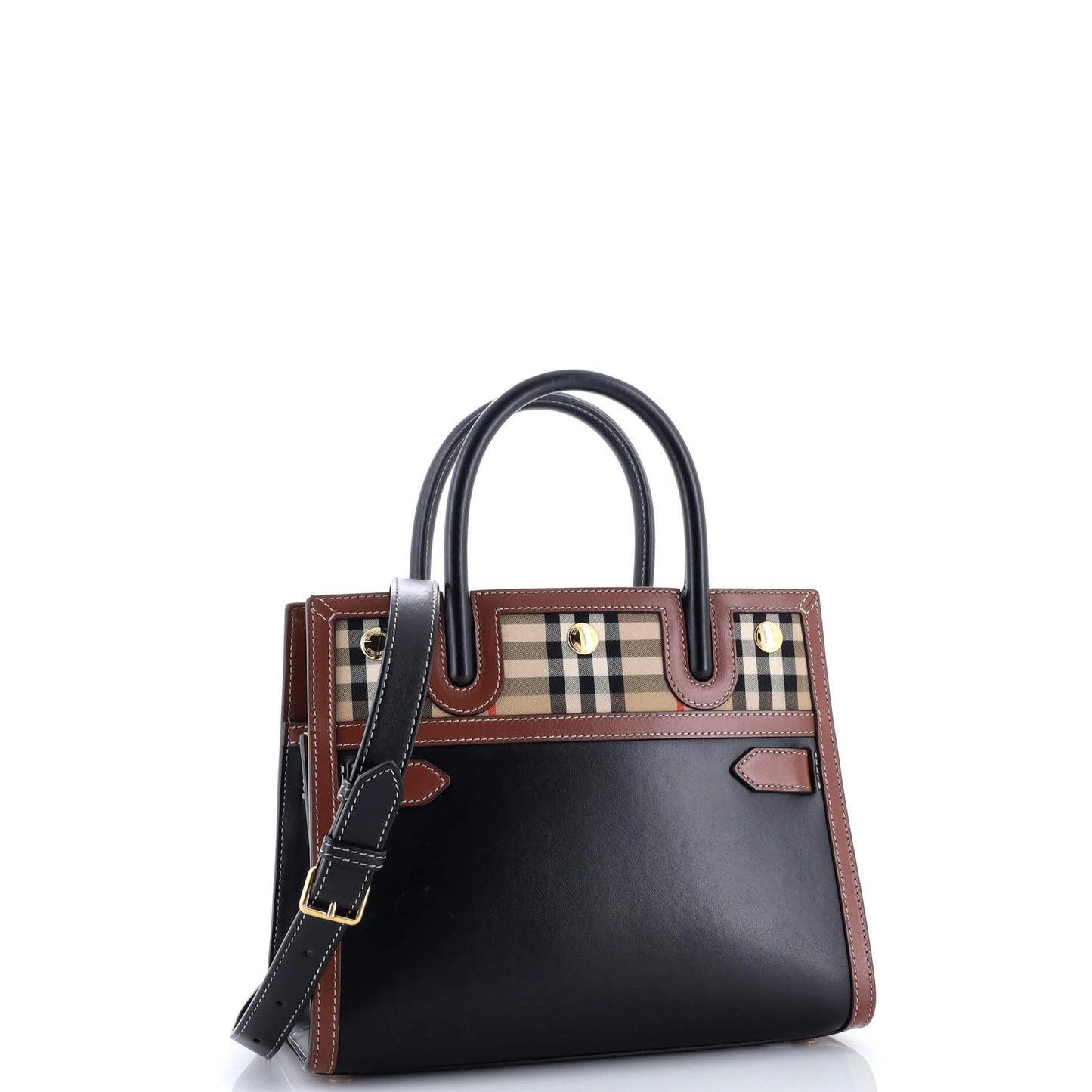 Burberry Title Two Handle Tote Leather With Vintage Check Canvas Mini