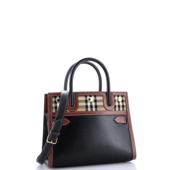 Burberry Title Two Handle Tote Leather With Vintage Check Canvas Mini